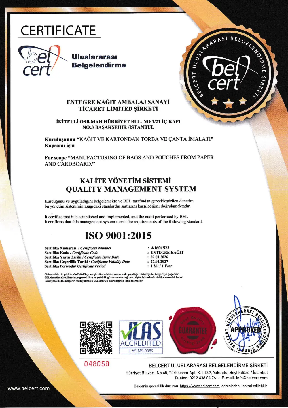 ISO 9001:2015 Qualitätsmanagementsystem Zertifikat