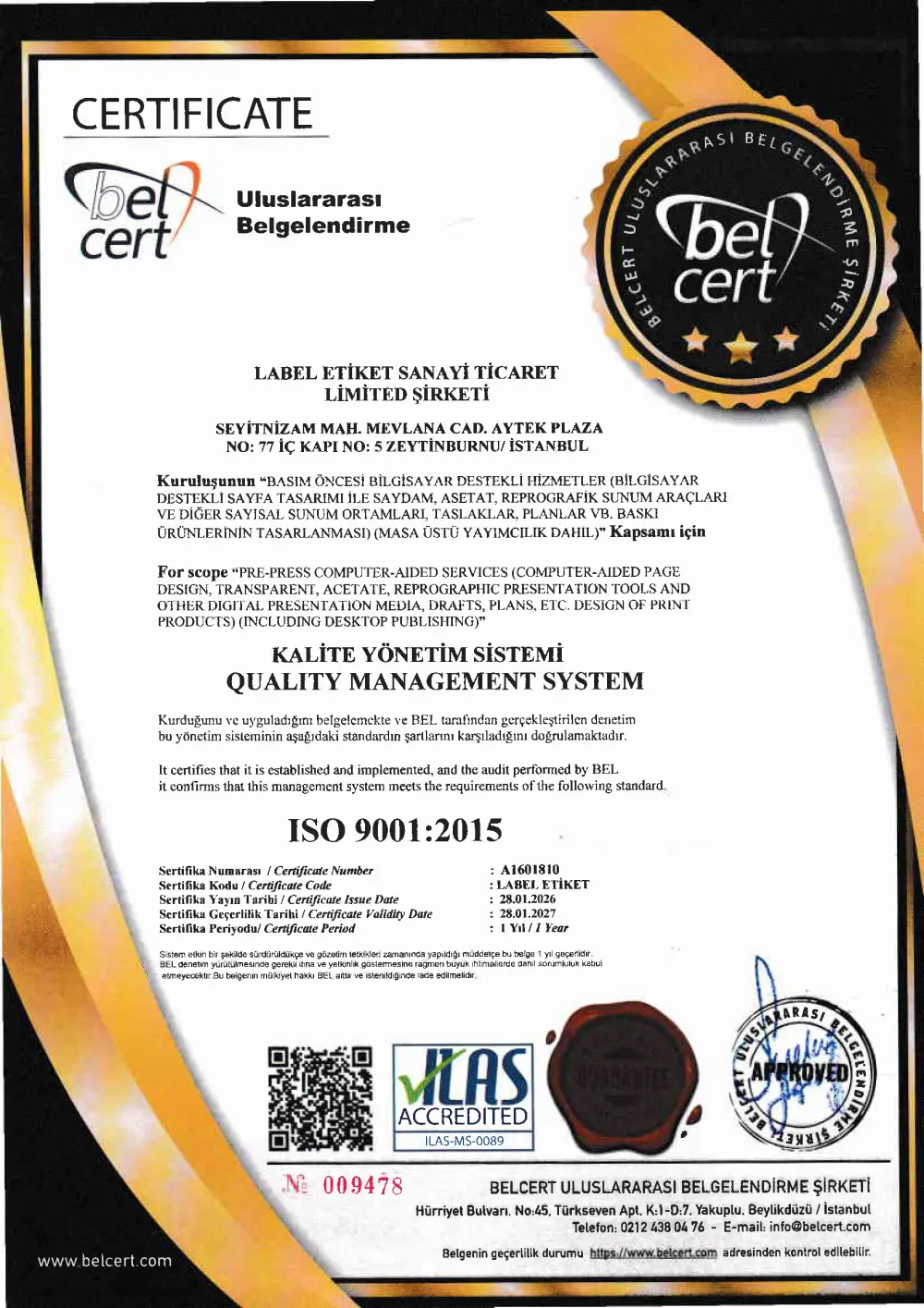 ISO 9001:2015 Qualitätsmanagementsystem Zertifikat
